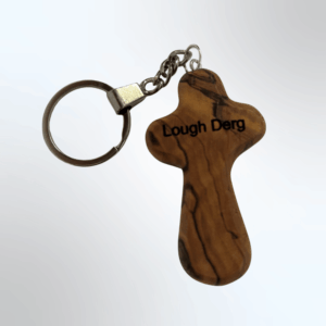 Lough Derg Olive Wood Key Ring holding cross